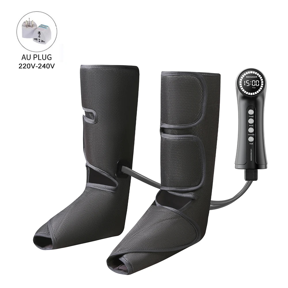 Collage of images showcasing a heated air compression leg massager with visual emphasis on different features such as heating and air compression. Includes scenes of the massager in use by individuals.