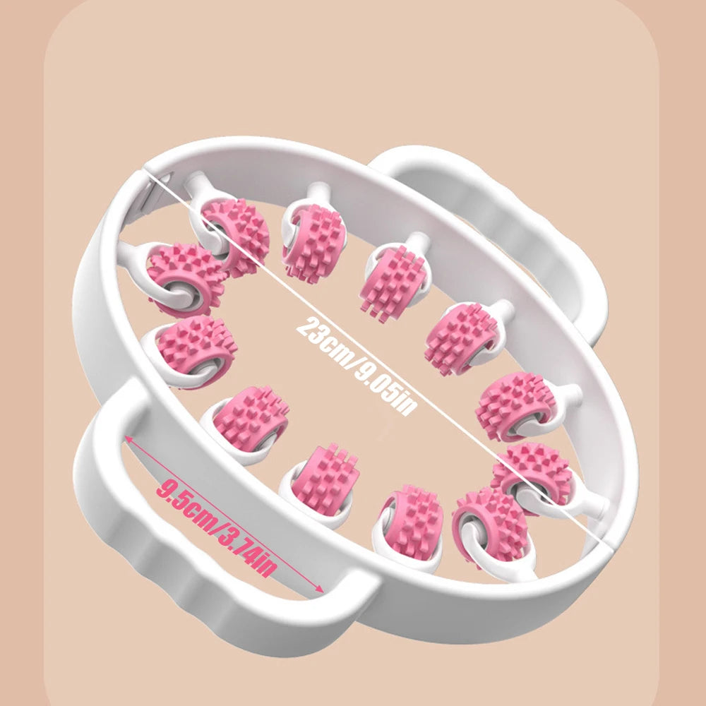 An anti-cellulite muscle roller with pink and blue handles, designed for massaging and relaxing muscles.