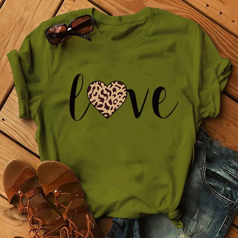 Leopard Love Print Women T Shirt Short Sleeve O Neck Loose Women Tshirt Ladies Fashion Tee Shirt Tops Clothes Camisetas Mujer