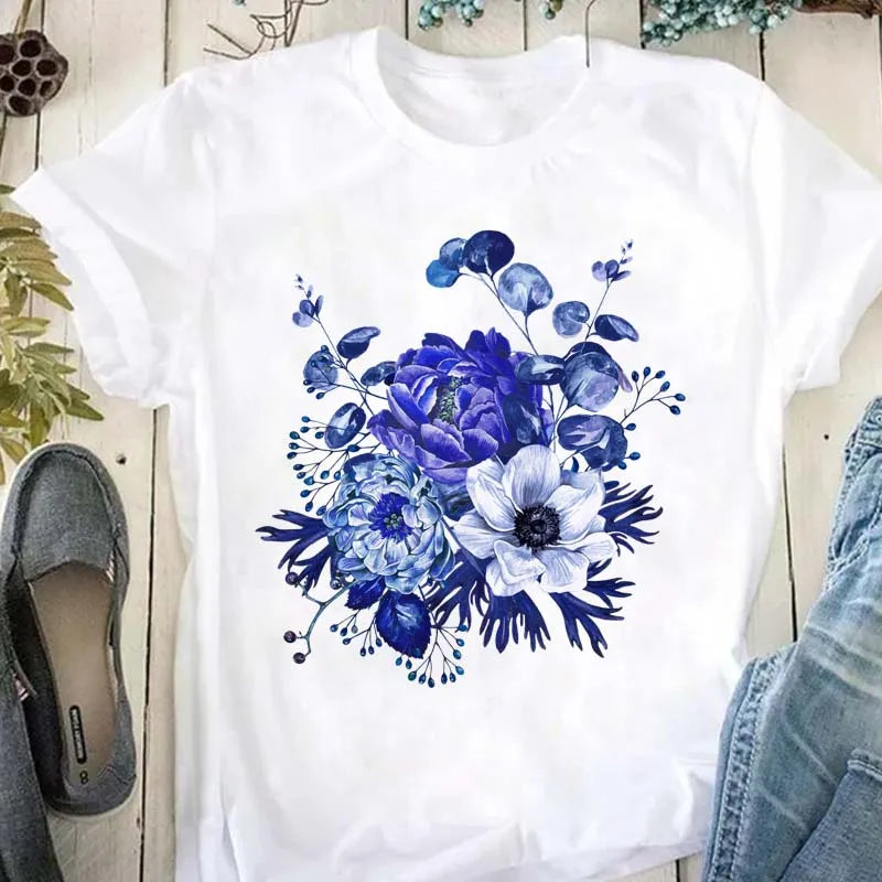 Beautiful Flower Print Women T-Shirts Casual Breathable Soft Short Sleeve Tops Loose Comfortable Street Female Clothes Pink T Sh