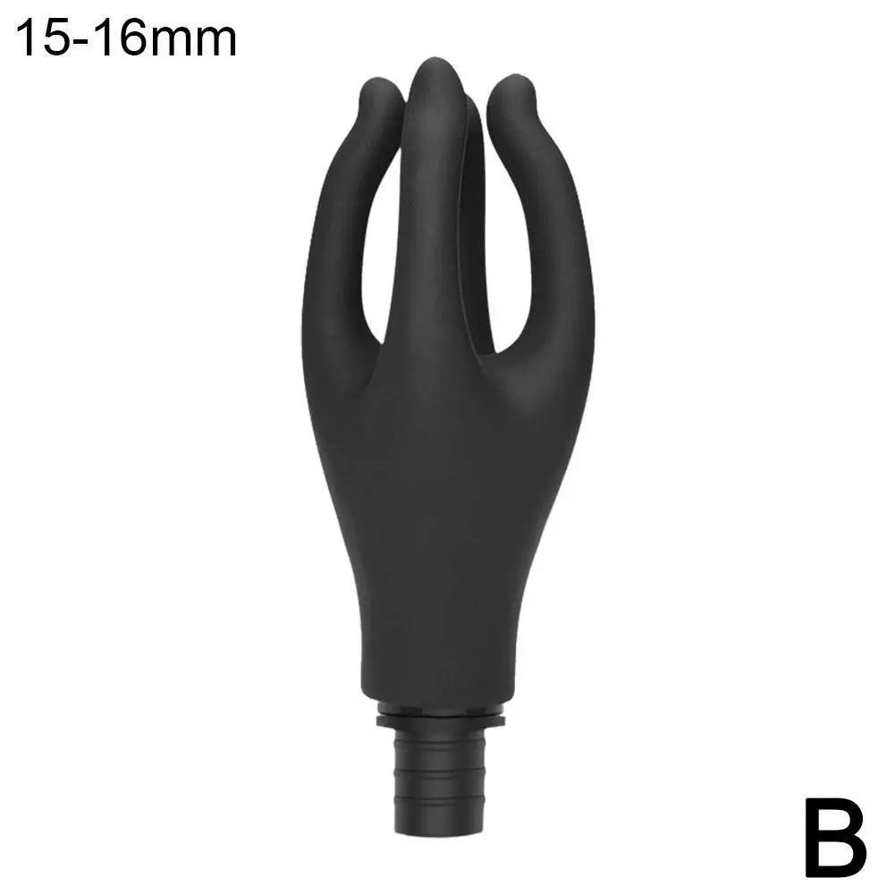 A pink claw-shaped massager attachment designed to fit on a fascia gun, pictured with a person receiving a back massage.
