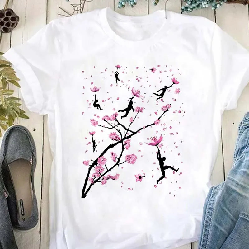Beautiful Flower Print Women T-Shirts Casual Breathable Soft Short Sleeve Tops Loose Comfortable Street Female Clothes Pink T Sh