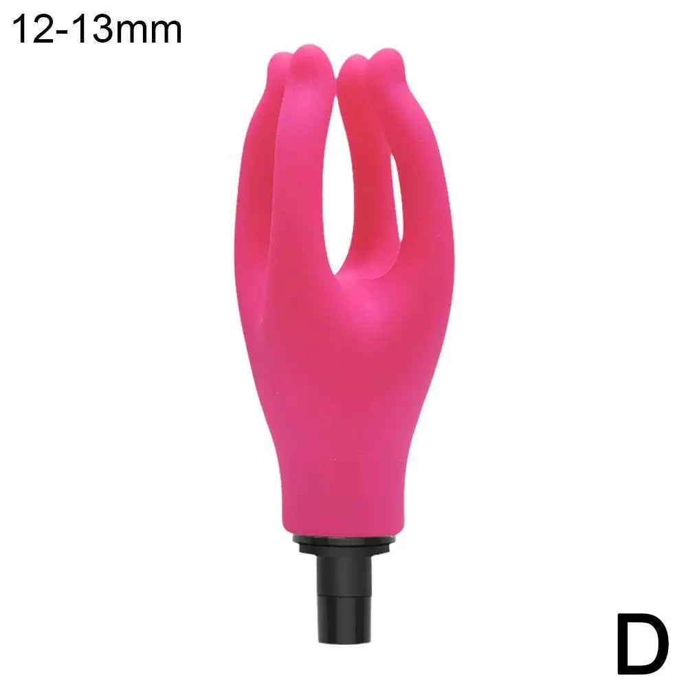 A pink claw-shaped massager attachment designed to fit on a fascia gun, pictured with a person receiving a back massage.