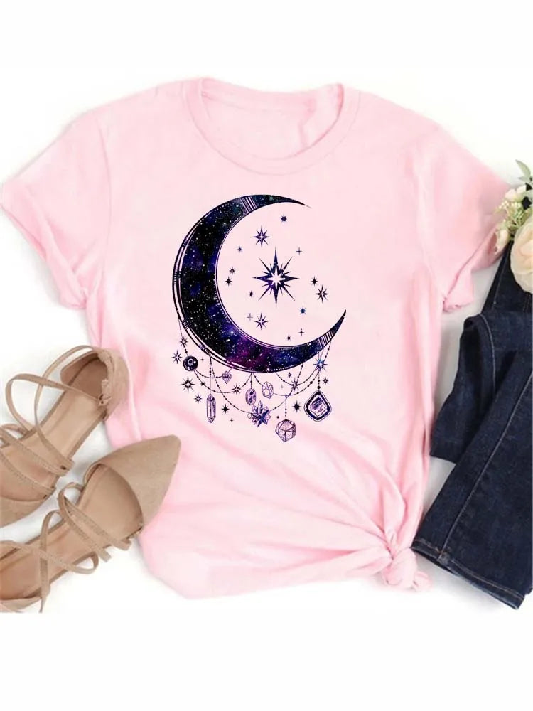 Maycaur T Shirt Women Moon Planet Print Fashion Tee Shirts Casual Round Neck Short Sleeve Streetwear Female T-Shirt Vintage Tops