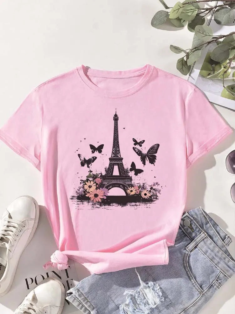 Fashion Eiffel Tower Floral Print Women Summer T Shirt Girl O Neck Funny Y2K Tops Tee Female 90s Casual Clothing