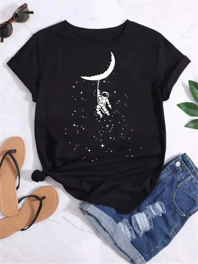 Maycaur T Shirt Women Moon Planet Print Fashion Tee Shirts Casual Round Neck Short Sleeve Streetwear Female T-Shirt Vintage Tops