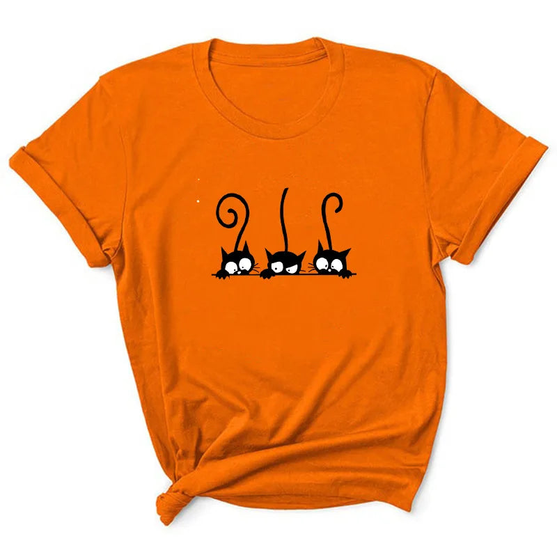 Three Black Cat Print T Shirt Women Short Sleeve O Neck Loose Tshirt Summer Women Tee Shirt Tops Camisetas Mujer