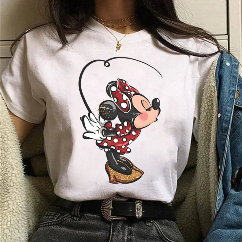 Fashion Mickey Minnie Mouse Disney T-shirt Women's Clothing Summer Short Sleeves Tops Casual Kawaii T Shirts Clothes