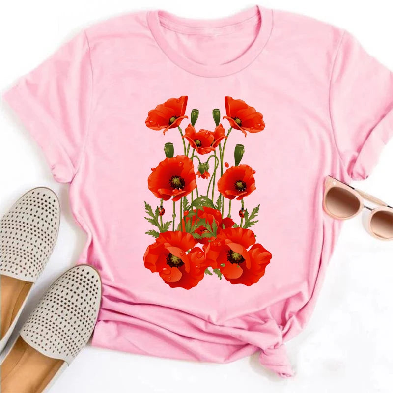 Beautiful Flower Print Women T-Shirts Casual Breathable Soft Short Sleeve Tops Loose Comfortable Street Female Clothes Pink T Sh