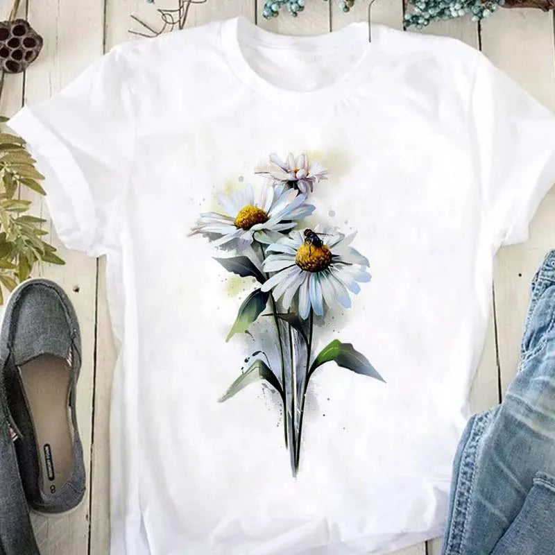 Beautiful Flower Print Women T-Shirts Casual Breathable Soft Short Sleeve Tops Loose Comfortable Street Female Clothes Pink T Sh