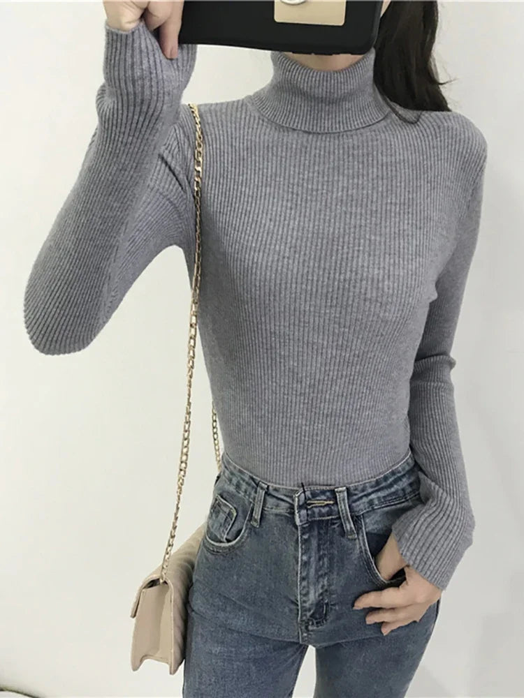 2025 Women Knitted Ribbed Pullover Autumn Winter Sweater Sweater Long Sleeve Turtleneck Slim Jumper Soft Warm Pull Femme