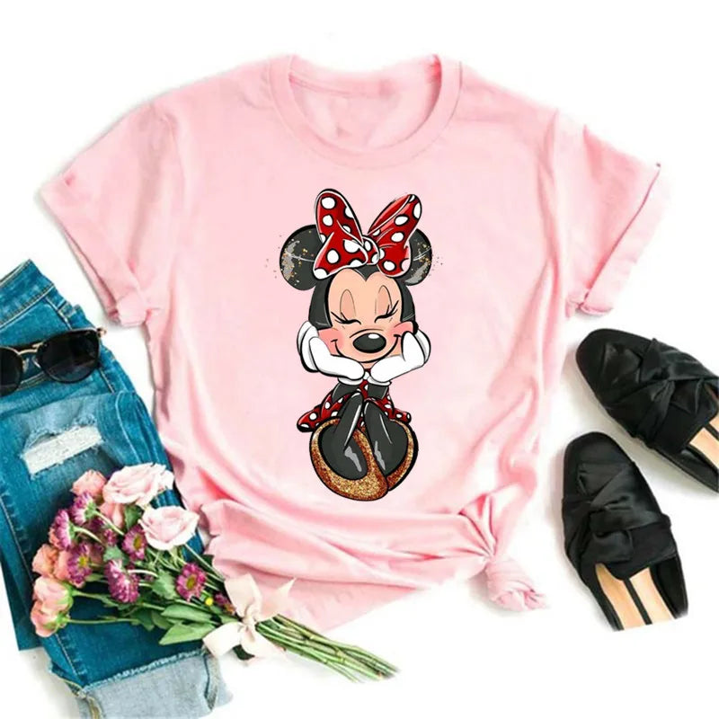 Fashion Mickey Minnie Mouse Disney T-shirt Women's Clothing Summer Short Sleeves Tops Casual Kawaii T Shirts Clothes