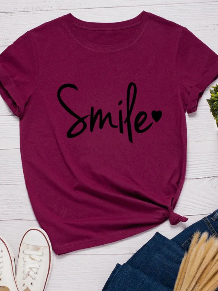 Smile Heart Print Women T Shirt Short Sleeve O Neck Loose Women Tshirt Ladies Tee Shirt Tops Clothes Camisetas Mujer