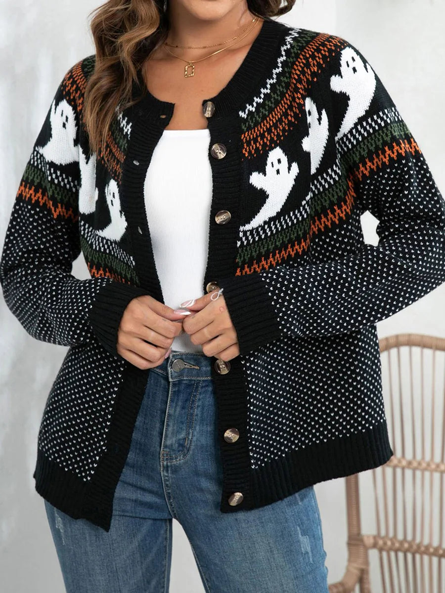 Women s Halloween Pumpkin Print Long Sleeve Button Down Cardigan Round Neck Sweater Knit Tops for Fall Festivities