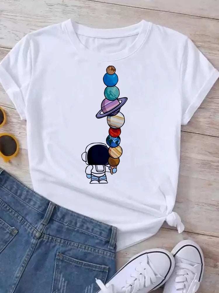 Maycaur T Shirt Women Moon Planet Print Fashion Tee Shirts Casual Round Neck Short Sleeve Streetwear Female T-Shirt Vintage Tops