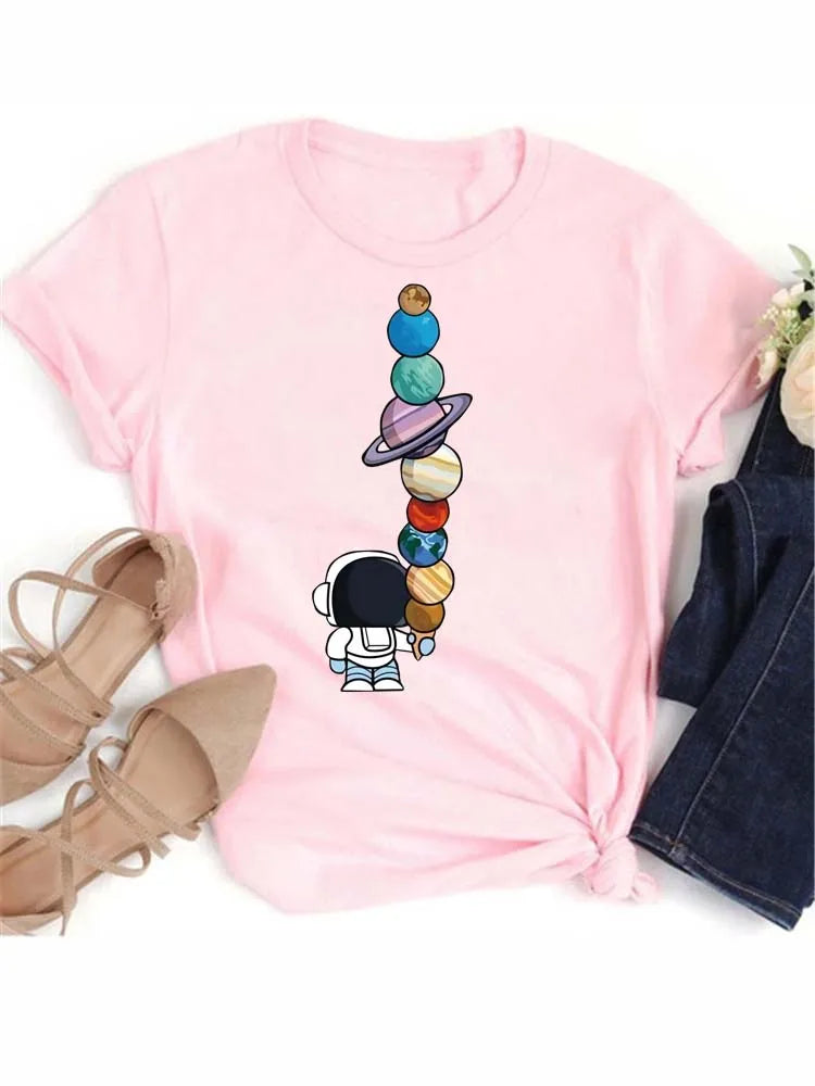 Maycaur T Shirt Women Moon Planet Print Fashion Tee Shirts Casual Round Neck Short Sleeve Streetwear Female T-Shirt Vintage Tops