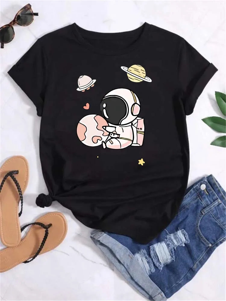 Maycaur T Shirt Women Moon Planet Print Fashion Tee Shirts Casual Round Neck Short Sleeve Streetwear Female T-Shirt Vintage Tops