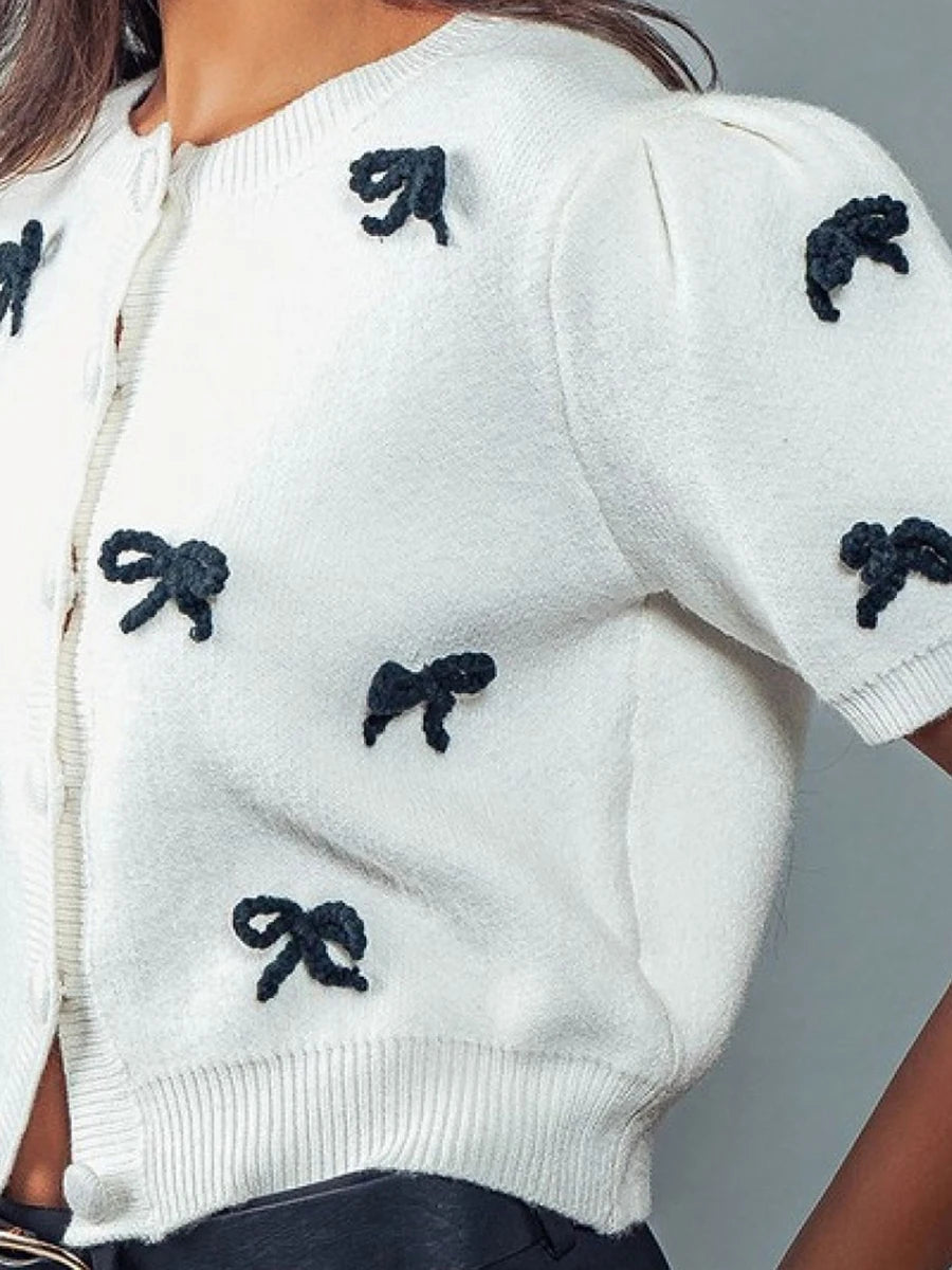 Ladies Fall Sweater Jacket with Half Sleeves Round Neckline Button Closure and 3D Bow Detail Knit Cardigan