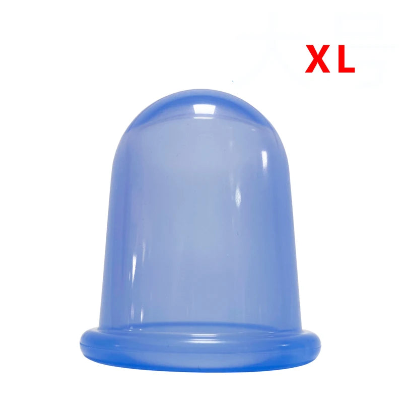 A set of blue silicone suction massage cups of various sizes, displayed alongside a white carrying bag with a blue pattern.