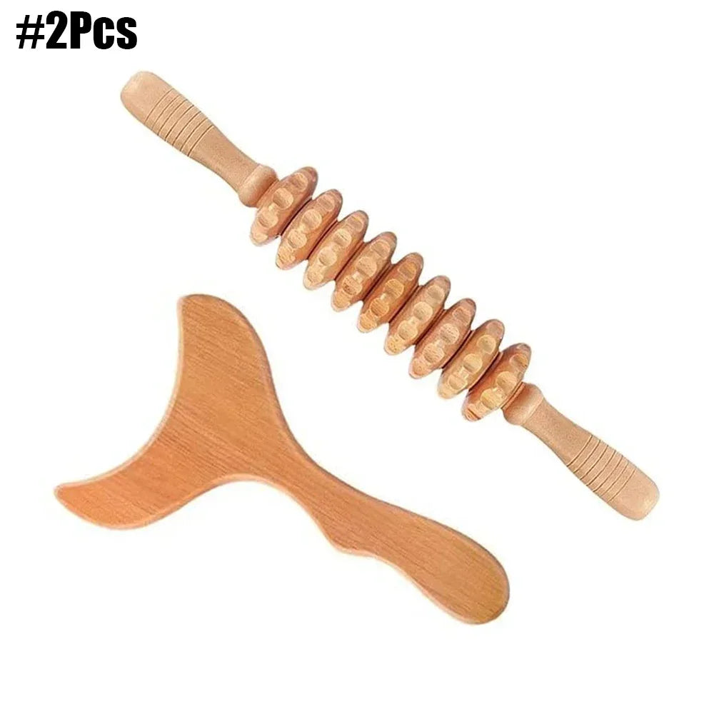 A set of wooden massage tools being used on a person's back, highlighting the smooth polished surface and easy handle bar of the wooden massagers.