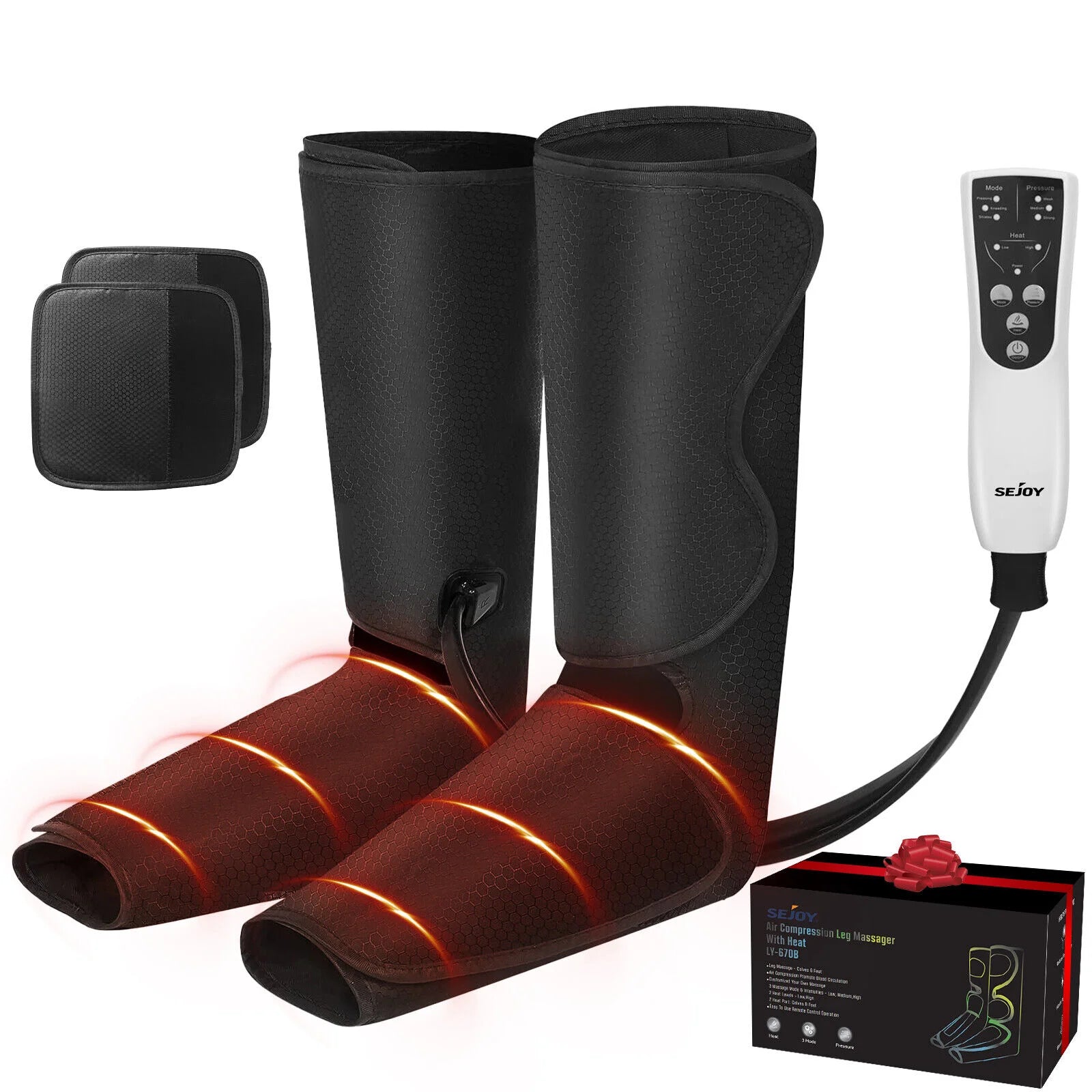 A pair of black heated air compression leg massagers with red heating elements visible, alongside a remote control and packaging box.