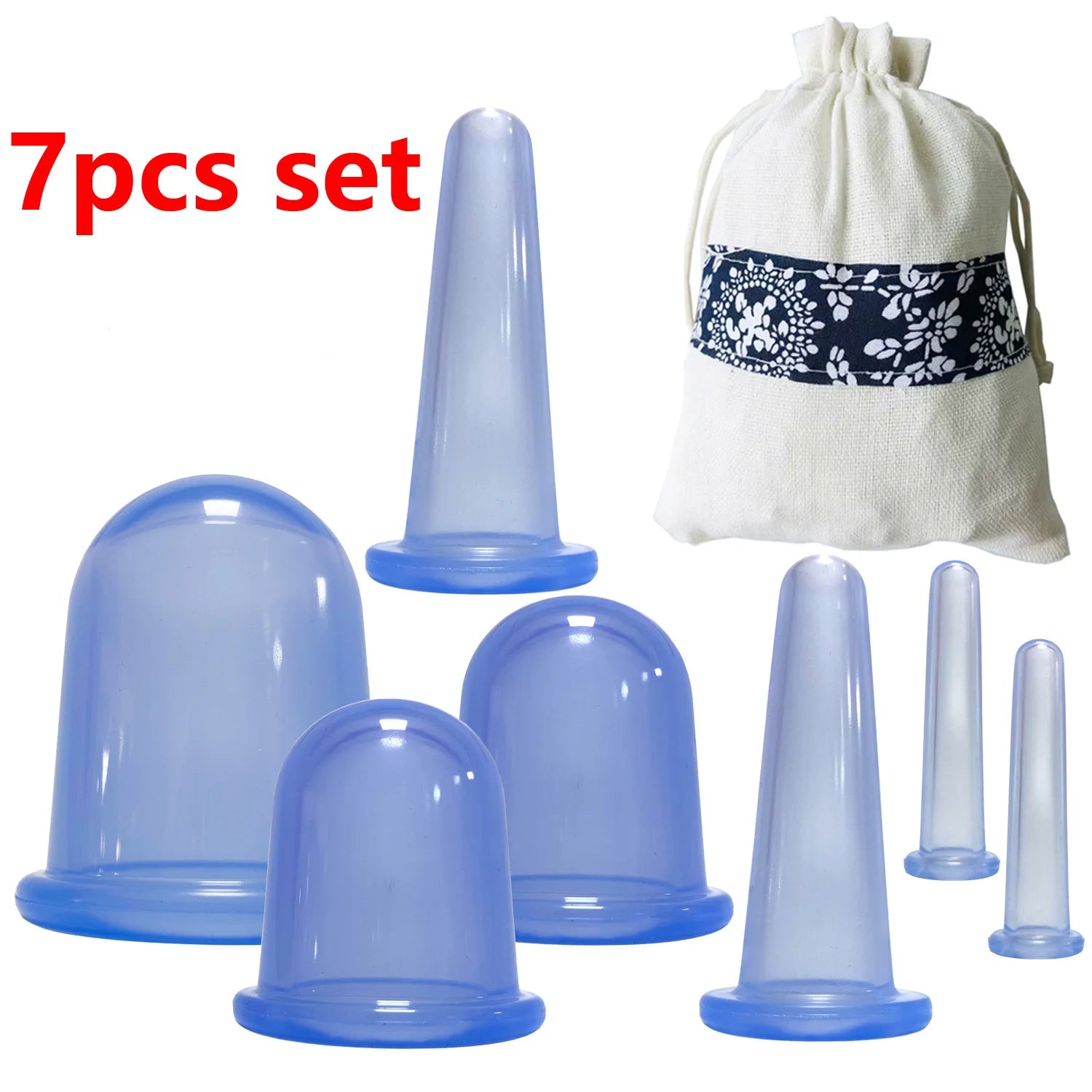 A set of blue silicone suction massage cups of various sizes, displayed alongside a white carrying bag with a blue pattern.