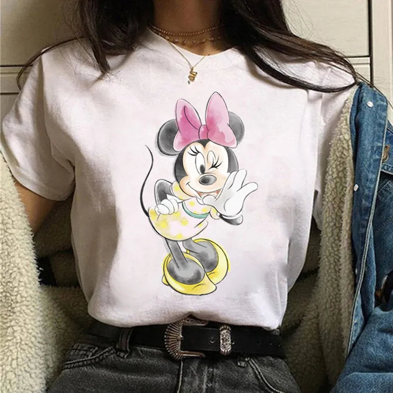 Fashion Mickey Minnie Mouse Disney T-shirt Women's Clothing Summer Short Sleeves Tops Casual Kawaii T Shirts Clothes