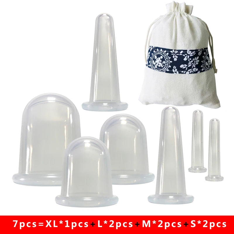 A set of blue silicone suction massage cups of various sizes, displayed alongside a white carrying bag with a blue pattern.