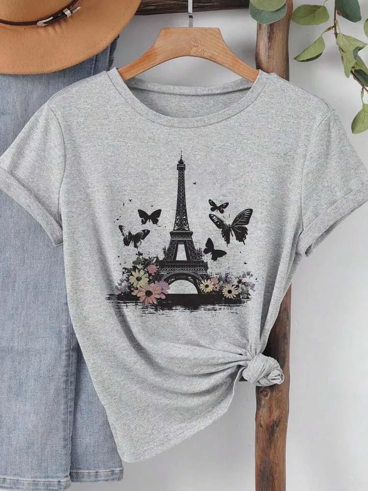Fashion Eiffel Tower Floral Print Women Summer T Shirt Girl O Neck Funny Y2K Tops Tee Female 90s Casual Clothing