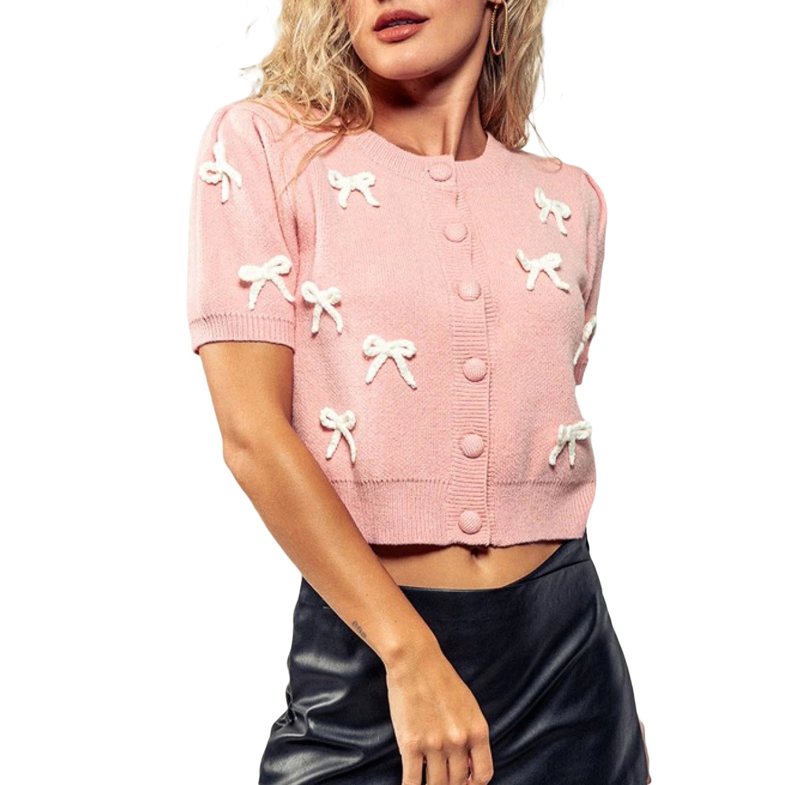 Ladies Fall Sweater Jacket with Half Sleeves Round Neckline Button Closure and 3D Bow Detail Knit Cardigan
