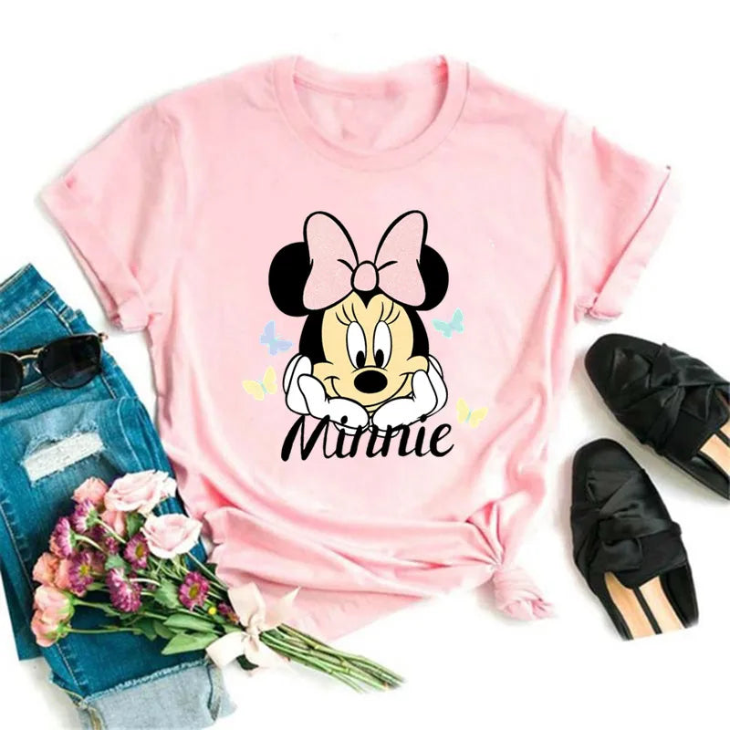 Fashion Mickey Minnie Mouse Disney T-shirt Women's Clothing Summer Short Sleeves Tops Casual Kawaii T Shirts Clothes