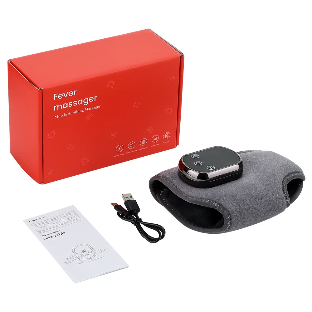 Ankle massager wrap in gray color with a digital display, showing the device being used on a person's ankle, and illustrations of the product's features like heat and vibration.