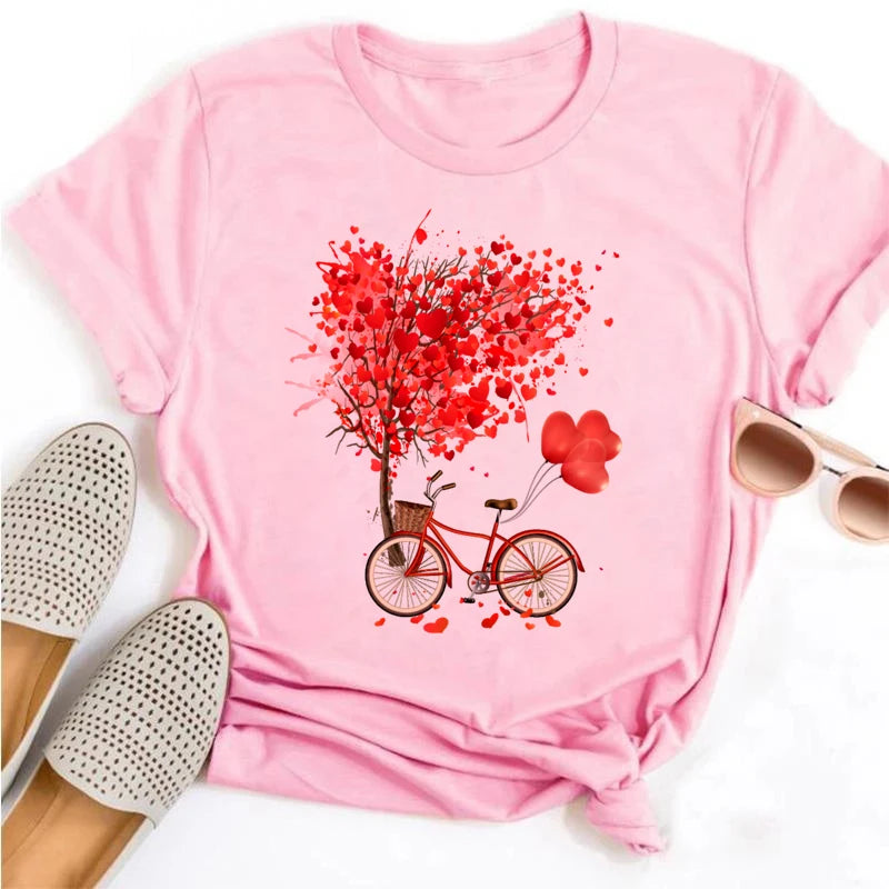 Beautiful Flower Print Women T-Shirts Casual Breathable Soft Short Sleeve Tops Loose Comfortable Street Female Clothes Pink T Sh