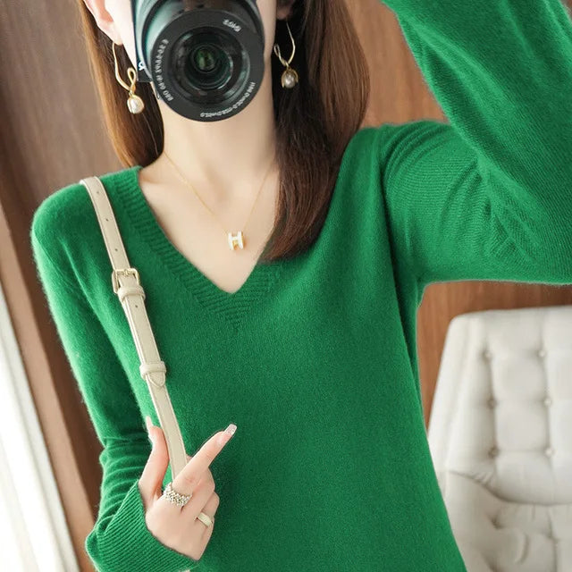 Women's Sweater 2025 Autumn Winter Knitted Pullovers V-neck Slim Fit Bottoming Shirt Solid Soft Knitwear Jumpers Basic Sweaters