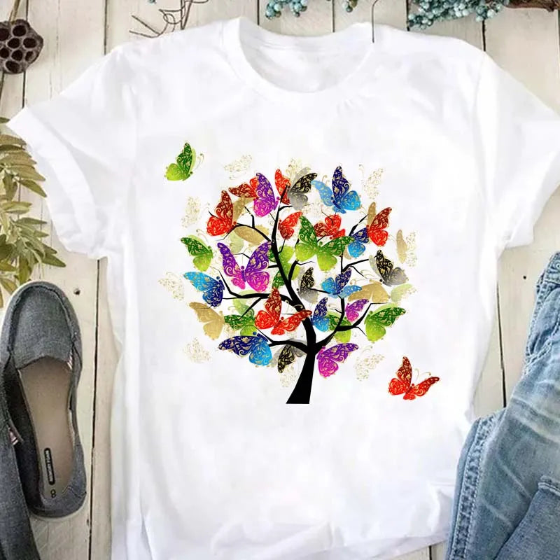 Beautiful Flower Print Women T-Shirts Casual Breathable Soft Short Sleeve Tops Loose Comfortable Street Female Clothes Pink T Sh
