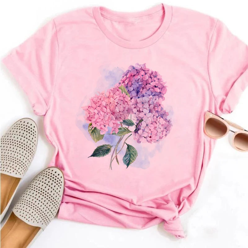 Beautiful Flower Print Women T-Shirts Casual Breathable Soft Short Sleeve Tops Loose Comfortable Street Female Clothes Pink T Sh