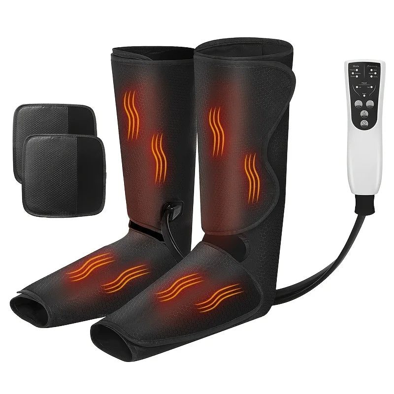 A pair of black heated air compression leg massagers with red heating elements visible, alongside a remote control and packaging box.