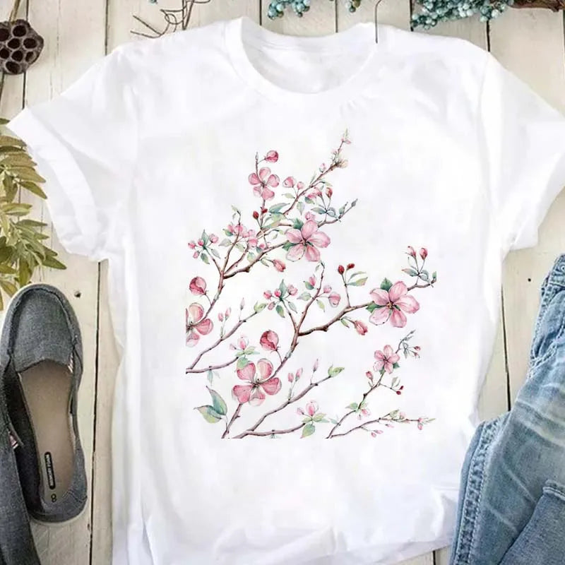 Beautiful Flower Print Women T-Shirts Casual Breathable Soft Short Sleeve Tops Loose Comfortable Street Female Clothes Pink T Sh
