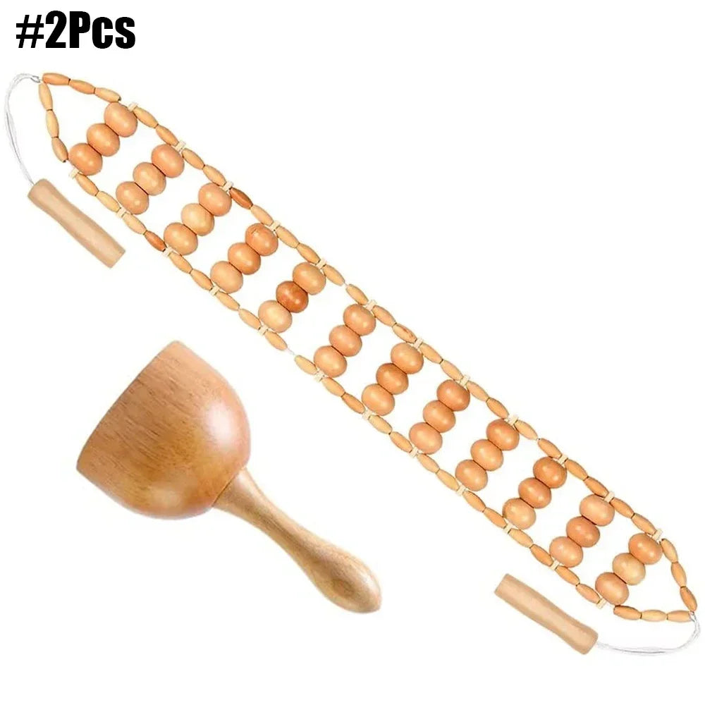 A set of wooden massage tools being used on a person's back, highlighting the smooth polished surface and easy handle bar of the wooden massagers.
