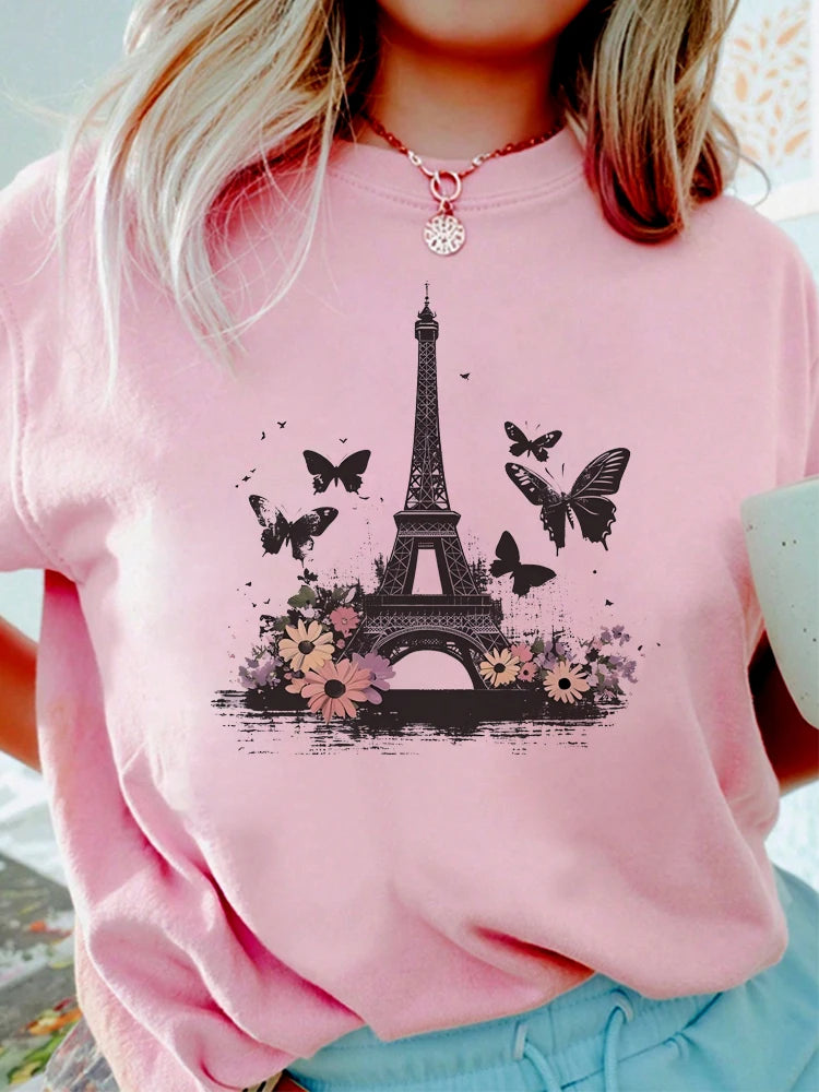 Fashion Eiffel Tower Floral Print Women Summer T Shirt Girl O Neck Funny Y2K Tops Tee Female 90s Casual Clothing