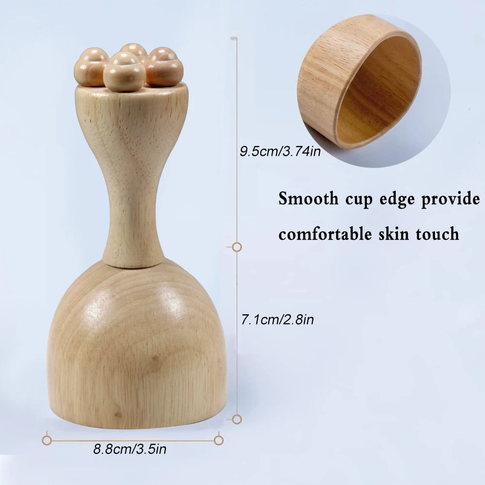 A set of wooden massage tools including a roller massager, a gua sha massager, and a cupping set, displayed on a white background.
