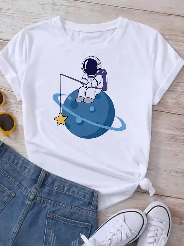 Maycaur T Shirt Women Moon Planet Print Fashion Tee Shirts Casual Round Neck Short Sleeve Streetwear Female T-Shirt Vintage Tops
