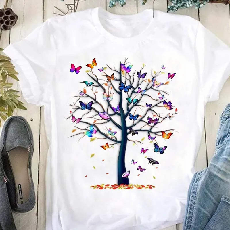 Beautiful Flower Print Women T-Shirts Casual Breathable Soft Short Sleeve Tops Loose Comfortable Street Female Clothes Pink T Sh