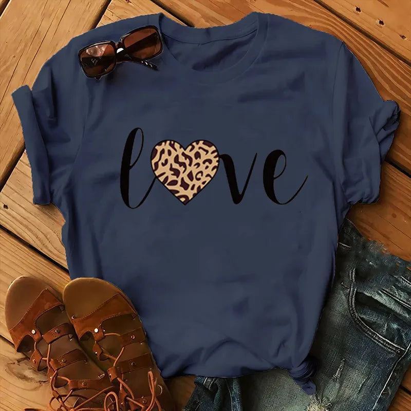 Leopard Love Print Women T Shirt Short Sleeve O Neck Loose Women Tshirt Ladies Fashion Tee Shirt Tops Clothes Camisetas Mujer