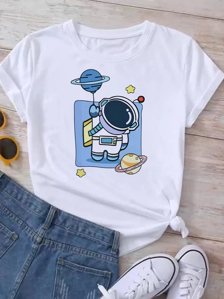 Maycaur T Shirt Women Moon Planet Print Fashion Tee Shirts Casual Round Neck Short Sleeve Streetwear Female T-Shirt Vintage Tops