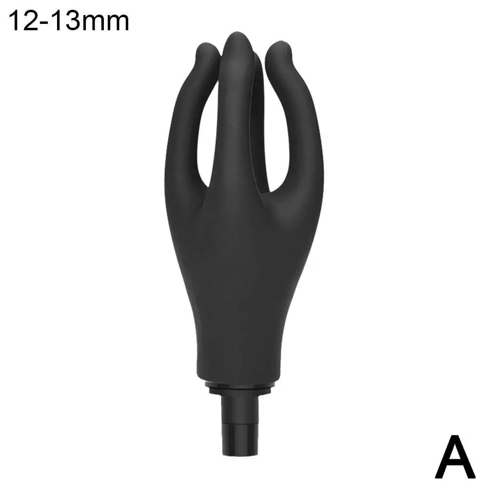 A pink claw-shaped massager attachment designed to fit on a fascia gun, pictured with a person receiving a back massage.
