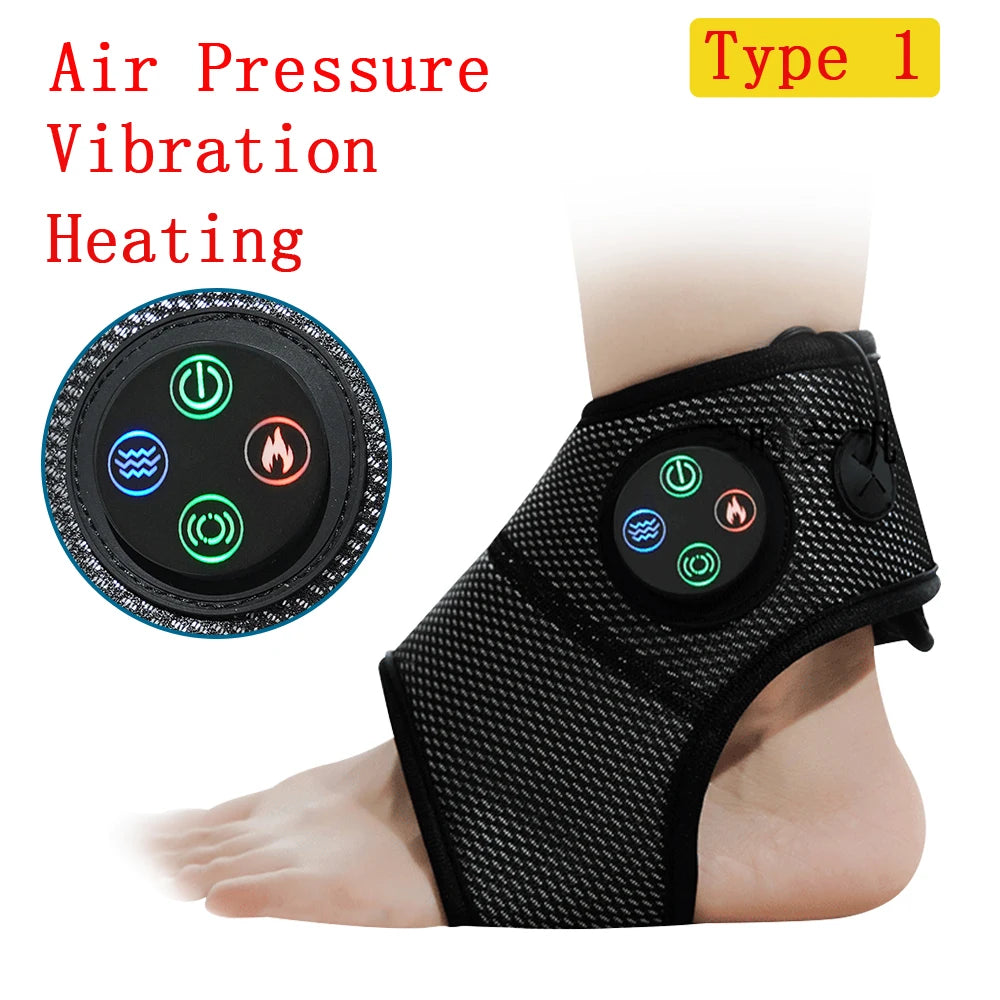 A smart ankle massager brace in black and grey, featuring control buttons and labels for heating, air pressure, and vibration functions, applied to a human foot.