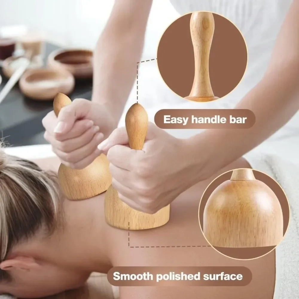 A set of wooden massage tools being used on a person's back, highlighting the smooth polished surface and easy handle bar of the wooden massagers.