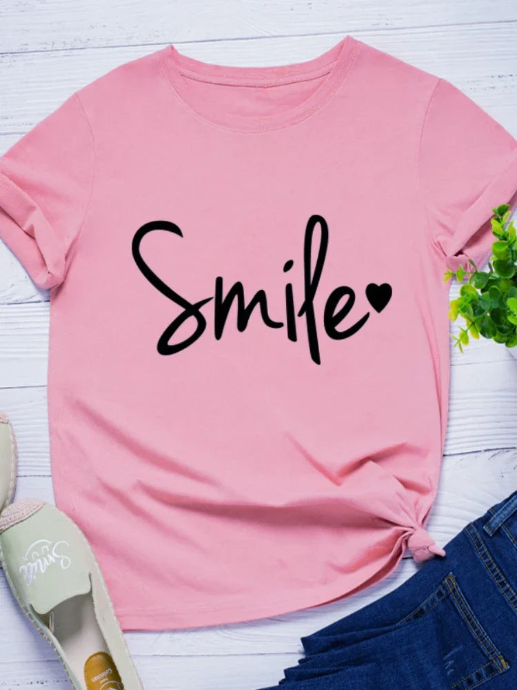 Smile Heart Print Women T Shirt Short Sleeve O Neck Loose Women Tshirt Ladies Tee Shirt Tops Clothes Camisetas Mujer