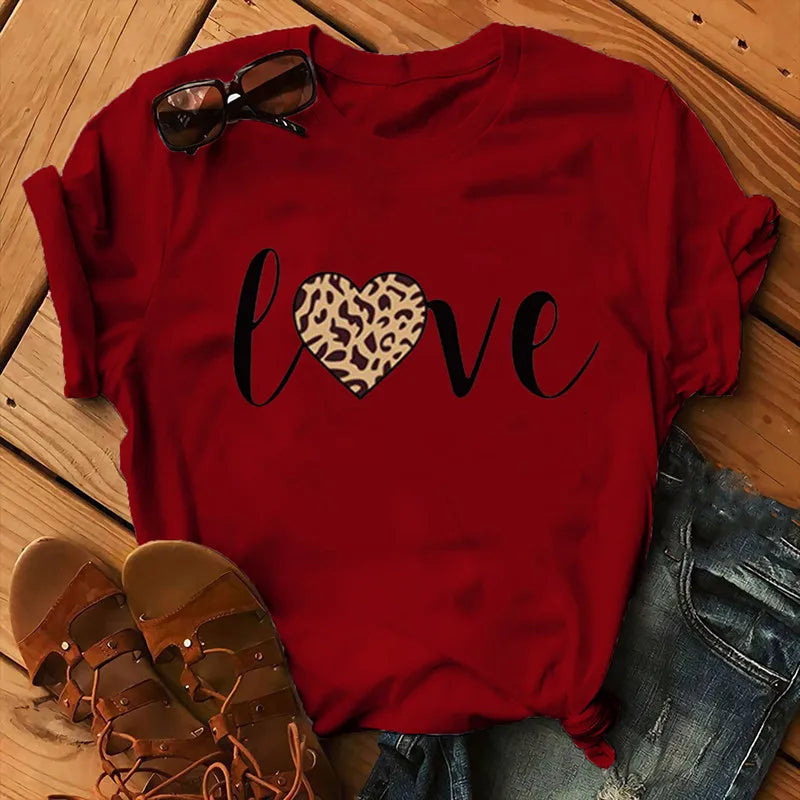 Leopard Love Print Women T Shirt Short Sleeve O Neck Loose Women Tshirt Ladies Fashion Tee Shirt Tops Clothes Camisetas Mujer
